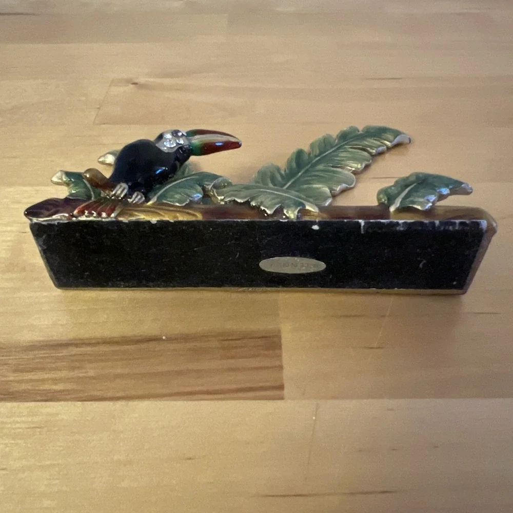 Brass Enamel Toucan Rhinestone Palm Leaf Letter Holder size 4.25